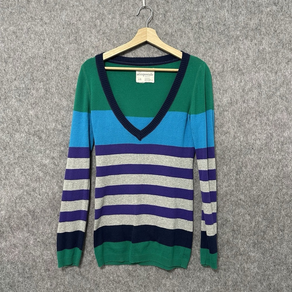 Aeropostale Womens Striped V-Neck Sweater Multicolor Green‎ Blue Purple L